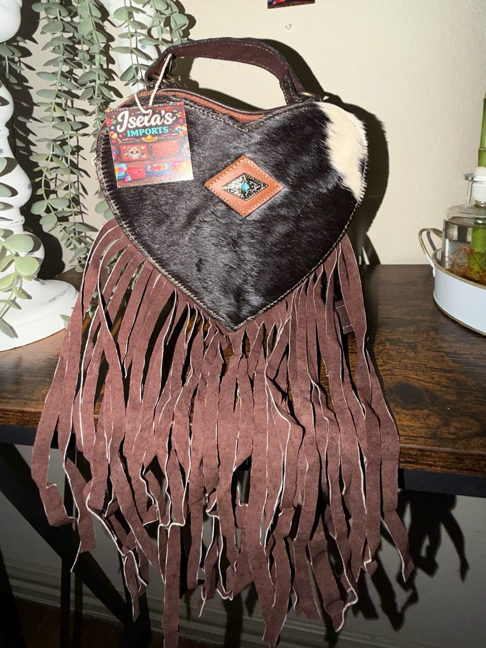Heart Fringe Cowhide Crossbody Bag - Black & Brown